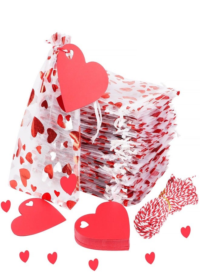 FOIMAS 4x6 Inch Heart Organza Gift Bags,50pcs Valentine's Day Drawstring Bags with 50pcs Kraft Tags Jewelry Candy Pouch Bag for Valentine's Day Wedding Party Favor - Image 1
